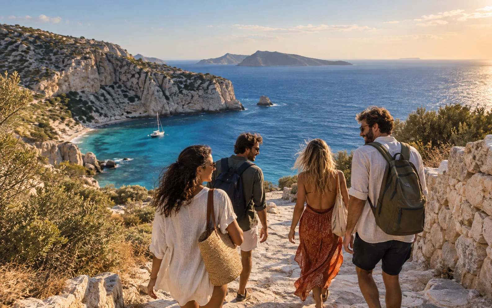 Friends walking toward a bright blue coastal cove